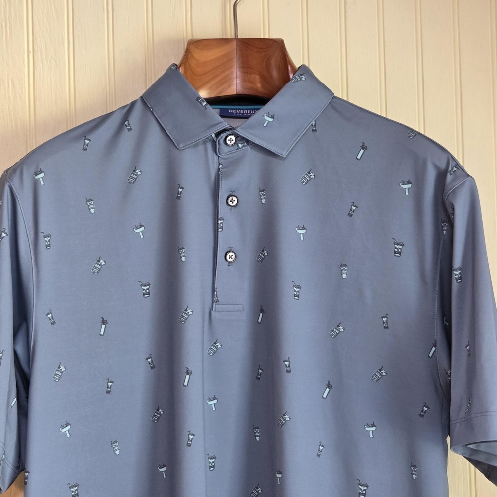 Devereux Performance Golf Polo Shirt Mens Medium Blue Drink Print Short Sleeve
